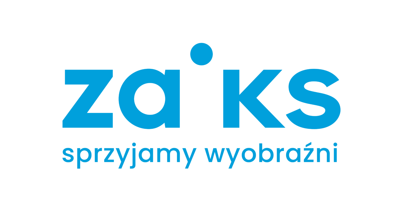 Grafika przedstawiająca niebieskie logo ZAIKS i napis "sprzyjamy wyobraźni"